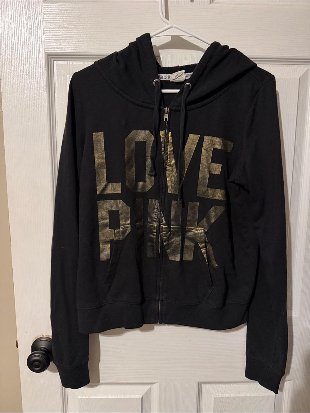 PINK Victoria's Secret Black zip up Hoodie with Gold LOVE PINK Print